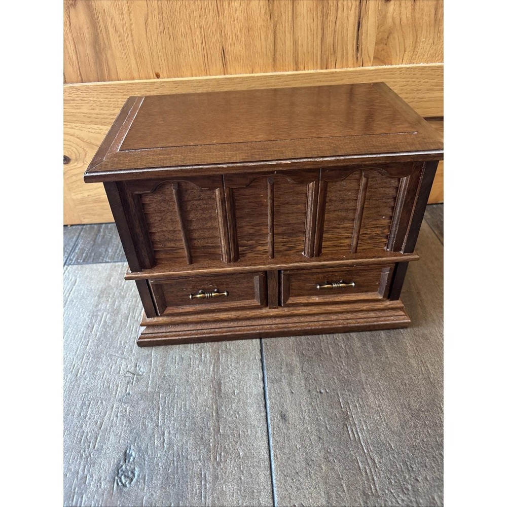 Vintage Mele Wood Jewelry Box Two Drawer Top Opens Orange Velvet Lining